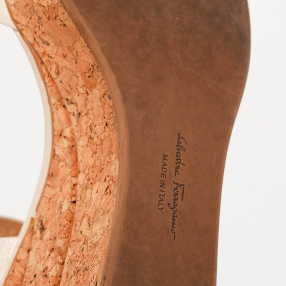 Salvatore Ferragamo Madea Cream Leather & Cork Wedge Sandals - Picture 5 of 10